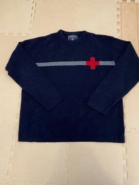 American Eagle Vintage Navy Striped Lambswool Crewneck Sweater M Red Cross